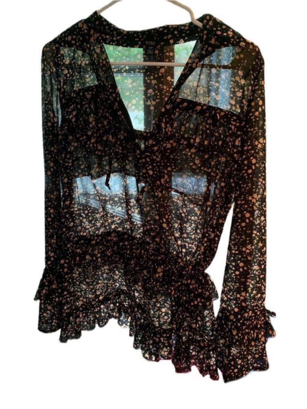 Buffalo David Bitton Black Sheer Chiffon Floral Ruffle Tie Blouse Boho Chic